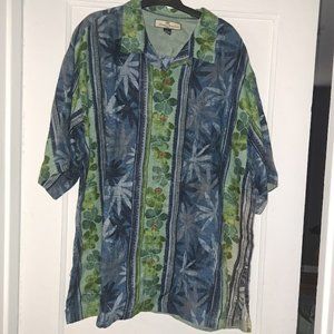 Tommy Bahama Blue-Green Striped Linen Tropical Print Button Down Shirt Size XL
